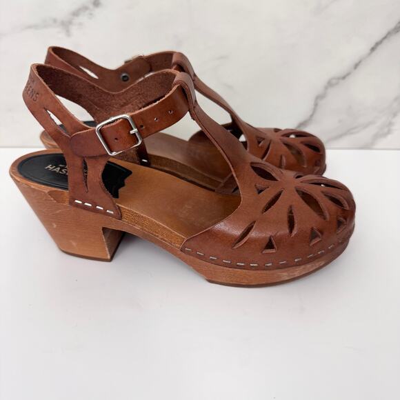 Swedish Hasbeens Women Lacy Sandal Size 36/ 6 Leather Cut Out Boho Neutral Brown - Picture 3 of 12